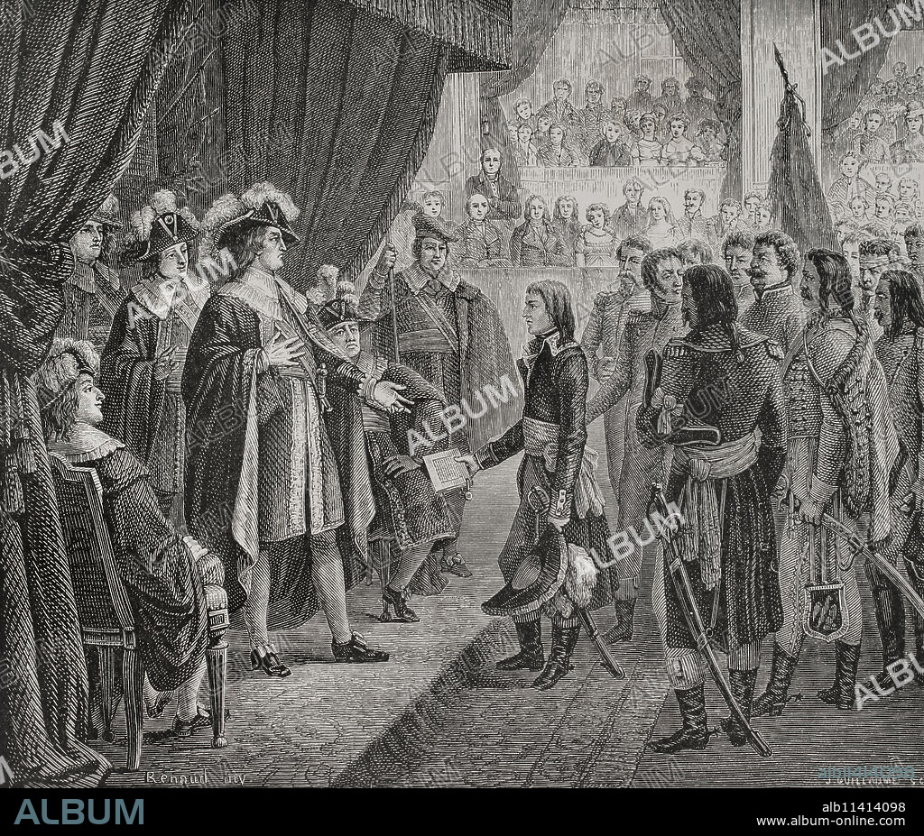 Primera República Francesa. El Directorio (1795-1799). Napoleón Bonaparte presentando al Directorio el Tratado de Campo Formio, firmado el 17 de octubre de 1797 (26 de Vendimiario, año VI de la República Francesa), que ponía fin a la Guerra de la Primera Coalición (1792-1797) en territorio italiano. Dibujo por Renaud. Grabado por J. Guillaume. "Historia de la Revolución Francesa". Tomo I, parte segunda. 1879.