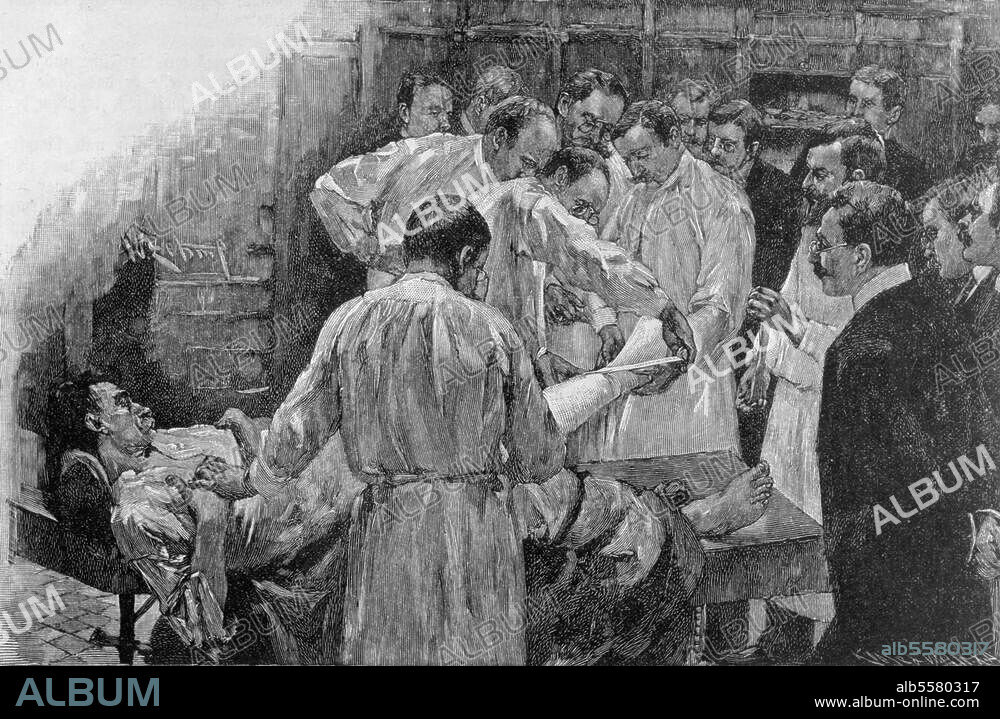 ANONYMOUS. Bergmann, Ernst von Surgeon, merited in asepsic, war and brain surgery, 1836-1907. Putting on a dressing in the Surgical Clinic in Berlin. Woodcut, 1898.