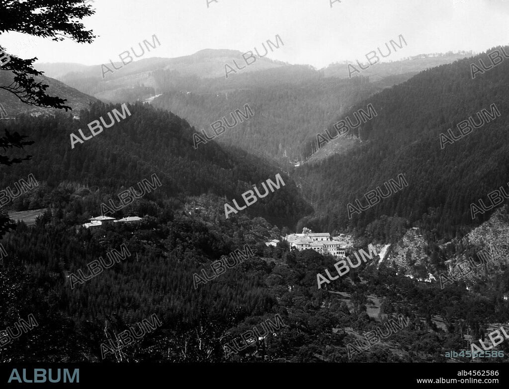 Italy. Tuscany. Camaldoli. panorama of the forest with the grand hotel former convent. 1920.