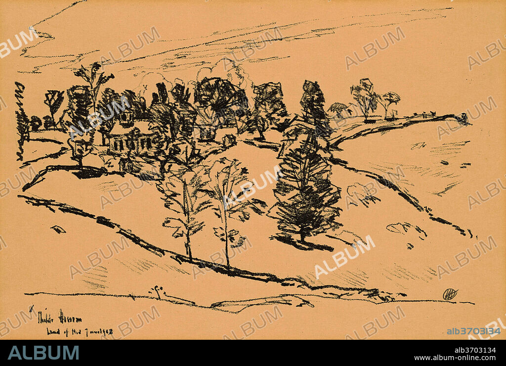 CHILDE HASSAM. The Little School House, Land of Nod. Dated: 1918. Dimensions: image (irregular): 21.91 × 30.48 cm (8 5/8 × 12 in.)  sheet: 29.21 × 45.56 cm (11 1/2 × 17 15/16 in.). Medium: lithograph in black on wove paper.