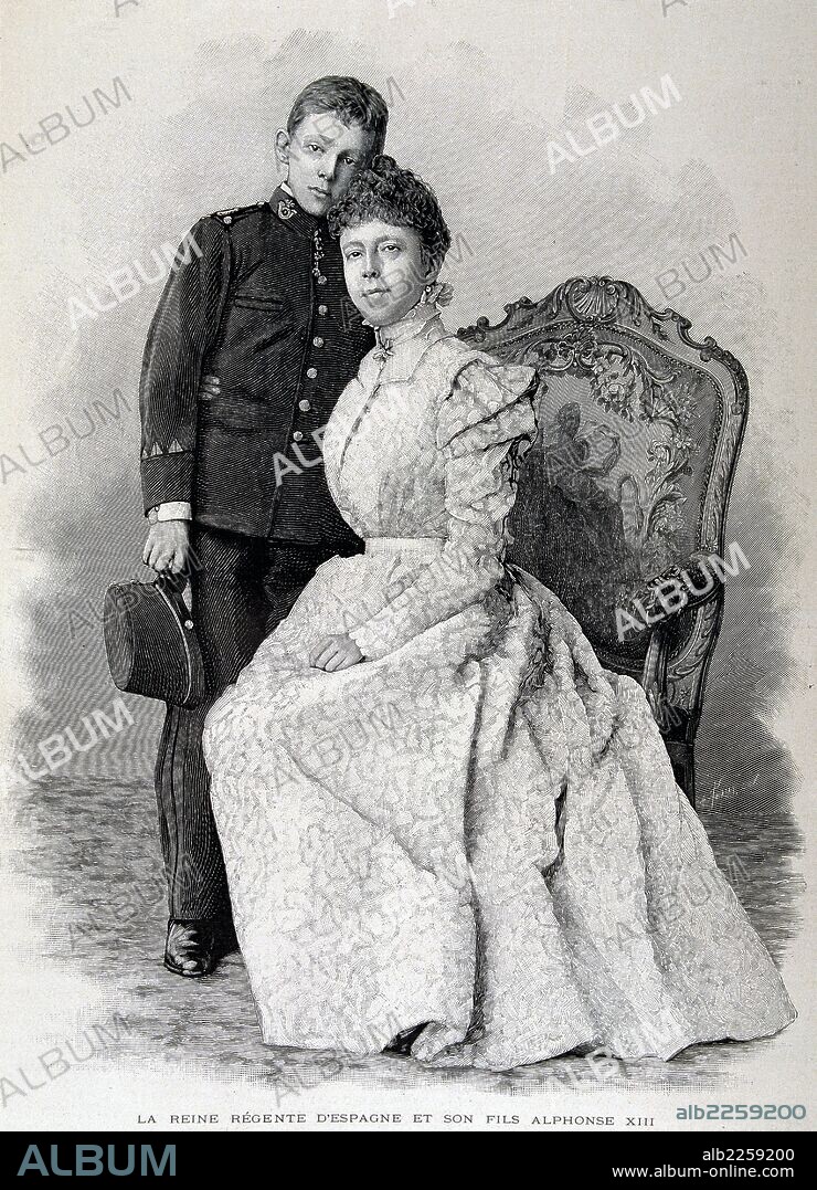 ALFONSO XIII. REY DE ESPAÑA . MADRID . 1886 / 1941. " JUNTO A SU MADRE .MARIA CRISTINA DE HABSBURGO, AÑO 1898 ". GRABADO DE L ' ILLUSTRATION.