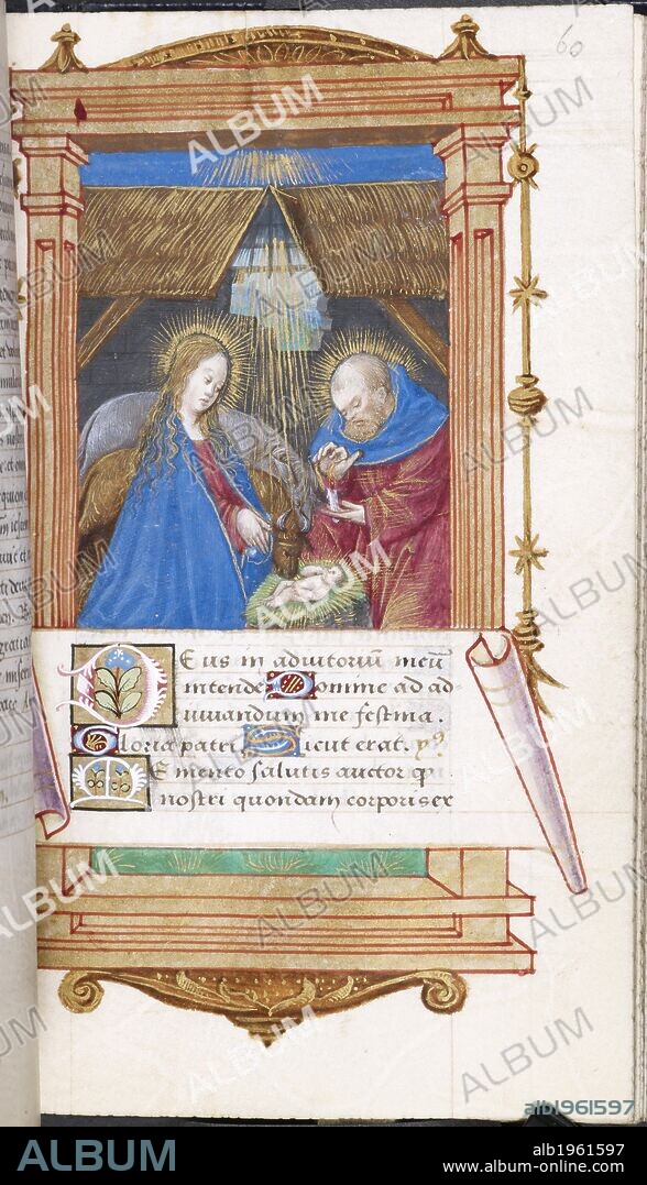 Image of pregnant Virgin Mary and Joseph in cattle shed. Hours of the Virgin, the Cross, and the Holy Ghost. Hours of the Virgin, the Cross, and the Holy Ghost, with penitential psalms, vigils of the dead, commemorations, etc. Latin. 16th cent. Small Octavo. Source: Add. 31240 f.60. Language: Latin.