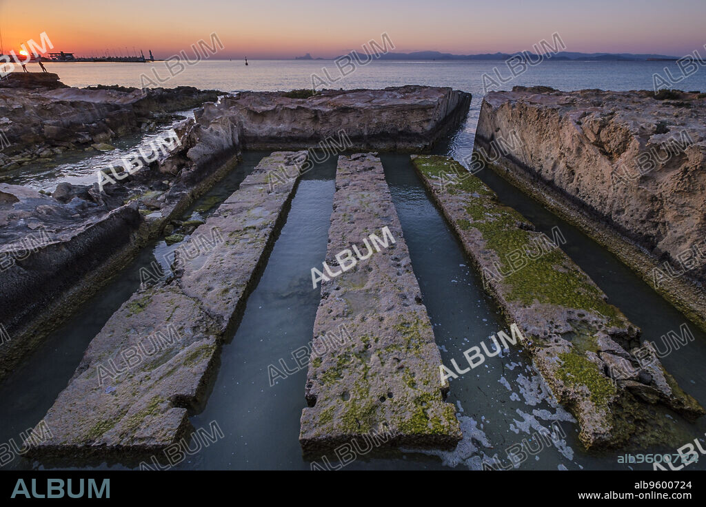 irrigation canal of the salt flats, Sa Siquia, la Savina, Formentera, Pitiusas Islands, Balearic Community, Spain.
