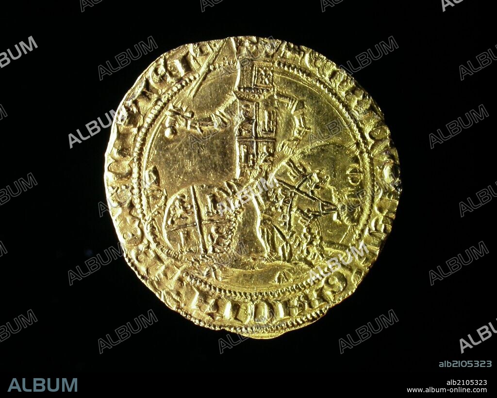 NUMISMATICA. MONEDA MEDIEVAL CRISTIANA. DOBLA DE TREINTA Y CINCO MARAVEDIS DE ORO, DE ENRIQUE II DE CASTILLA. ANVERESO. REY CORONADO A LA DERECHA. (DEPOSITO: MUSEO ARQUEOLOGICO NACIONAL).