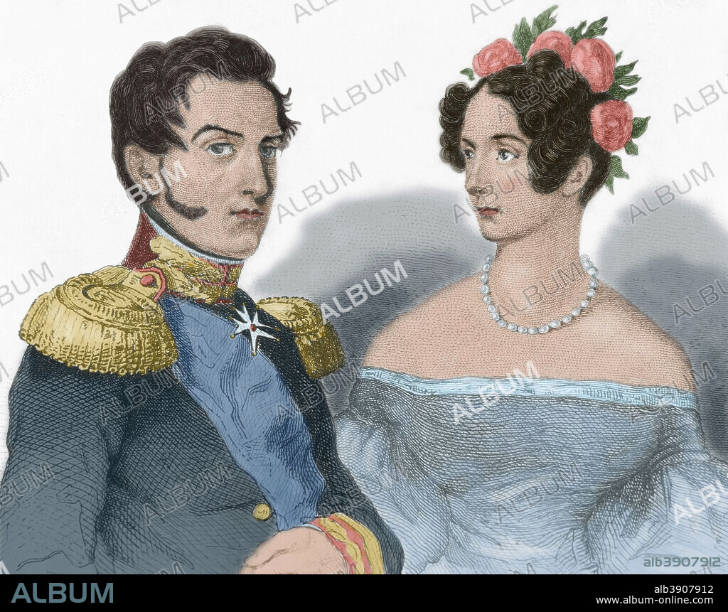 Nicolás I de Rusia (1796-1855). Zar de Rusia, rey de Polonia y gran duque de Finlandia (1825-1855). Nicolás I y su esposa Alejandra Fiódorovna (1798-1860). Retrato. Dibujo por Vernier. Grabado por Lemaitre y Laderer, 1838. Coloreado.