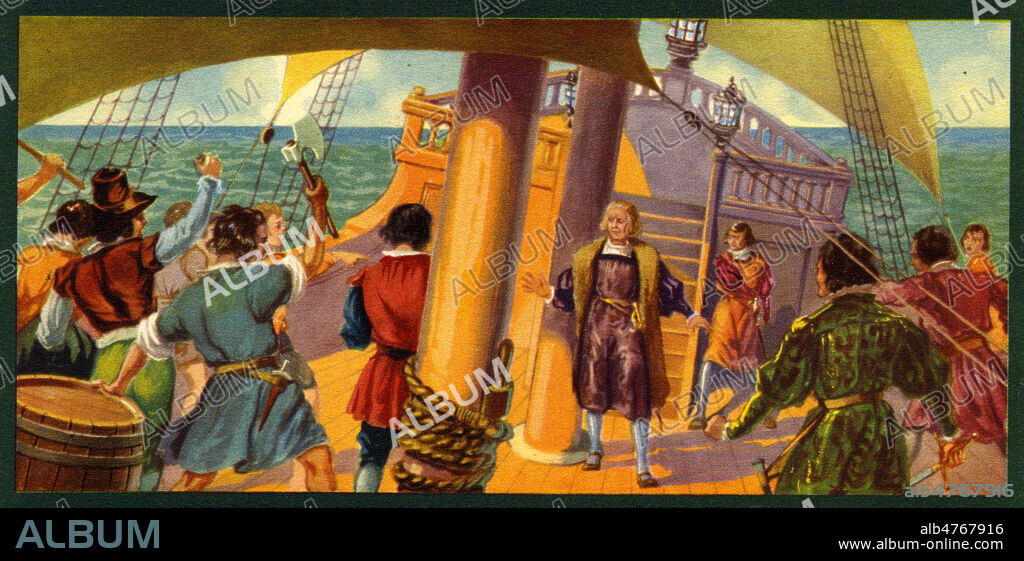 Christophe Colomb (1451-1506) Explorateur Italien, subissant l'impatience de son equipage, en pleine mer. Chromo espagnole vers 1910, serie intitulee 'Cristobal Colon'. Illustration anonyme. Credit : Collection Grob/KHARBINE-TAPABOR.