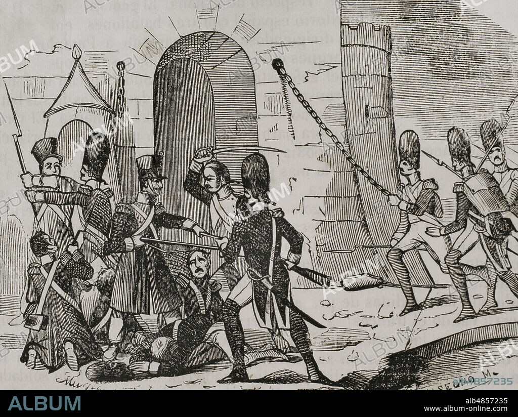 España. Invasión Napoleónica. El general D'Armagnac hizo su entrada en Pamplona el 9 de febrero de 1808. Llegó como un aliado aunque con el objetivo oculto de tomar su ciudadela. Pretendió el general francés alojar a dos batallones en el interior de la ciudadela, siendo denegado el permiso por el Virrey de Navarra, Marqués de Villasantoro. Tras la negativa, el 15 de febrero, valiéndose de los soldados que cada día de madrugada acudían a la ciudadela a recoger el pan para la tropa y de un pequeño grupo de soldados escogidos, consiguieron apoderarse de la fortaleza con la ayuda tambien de dos compañias de granaderos. "Sorpresa de la Ciudadela de Pamplona". Grabado. Historia del Levantamiento, Guerra y Revolución de España, por el conde de Toreno,1851.