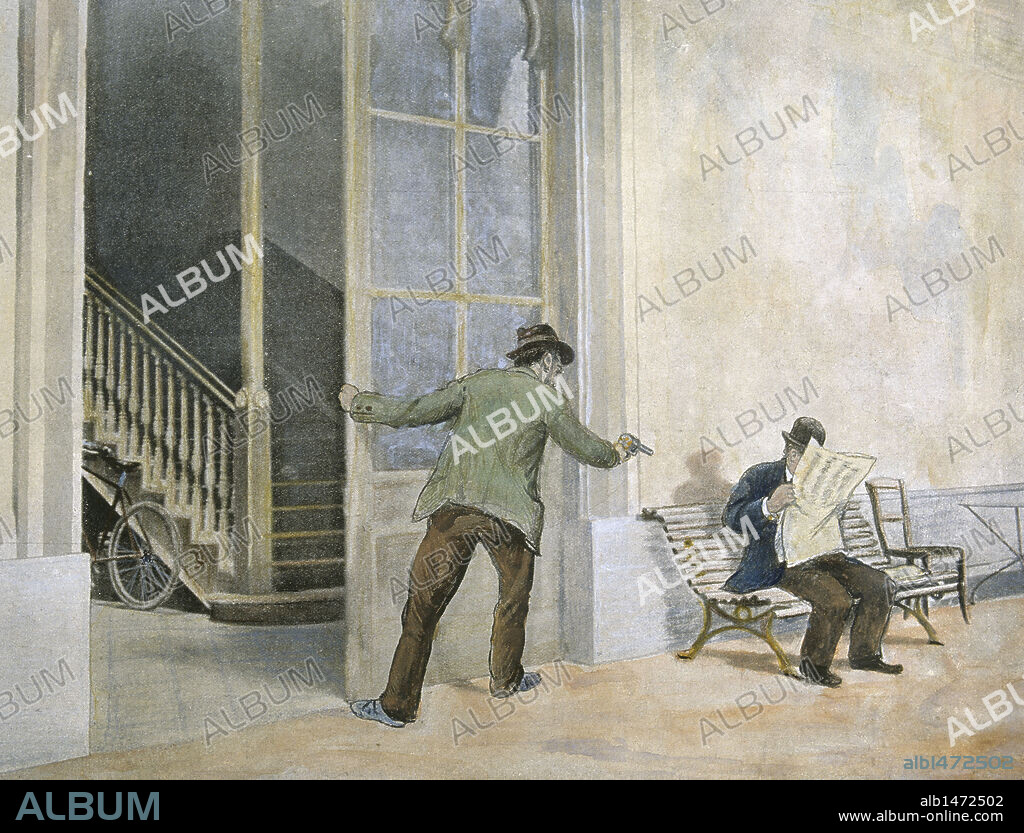 ANTONIO CANOVAS DEL CASTILLO (1828-1897). Político español. "ASESINATO DE ANTONIO CANOVAS DEL CASTILLO". Dibujo de Comba.