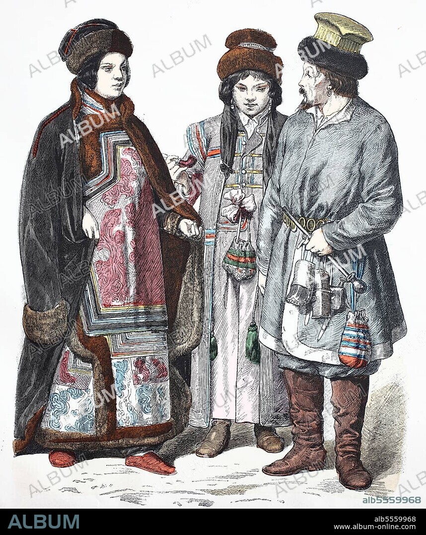 Folk traditional costume, clothing, history of costumes, Siberian Tartar and Kalmyk, costumes from Asiatic Russia, 1885, digitally restored reproduction of a 19th century original, exact date unknown.