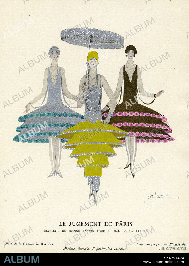 Le Jugement de Paris, travestis de Jeanne LANVIN pour le Bal de la Parure, 1924 , 1925. Gravure de mode in La Gazette du Bon Ton, annees 20, 20eme siecle. Illustration Georges LEPAPE (1887-1971) ADAGP. Credit COllection IM/KHARBINE TAPABOR.