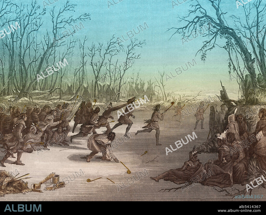 Dakota Sioux playing a traditional ball game, similar to lacrosse, on a frozen river, while others look on. The village is visible in the distance. Engraving by Charles Burt after a painting by Seth Eastman, 1854.
