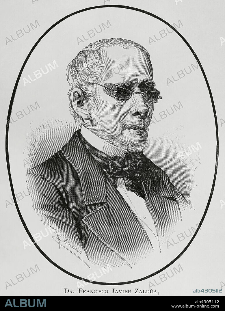 FÉLIX BADILLO (1848-1895). SPANISH ILLUSTRATOR. ARTURO CARRETERO (CA. 1852-1903). SPANISH ENGRAVER.. Francisco Javier Zaldúa (Francisco Javier Martínez de Zaldúa de Racines) (1811-1882). Abogado y político colombiano, miembro del Partido Liberal Colombiano (PLC). Presidente de los Estados Unidos de Colombia (1 de abril de 1882 al 21 de diciembre de 1882). Retrato. Dibujo por Badillo. Grabado por Arturo Carretero (1852-1901). La Ilustración Española y Americana, 1883.