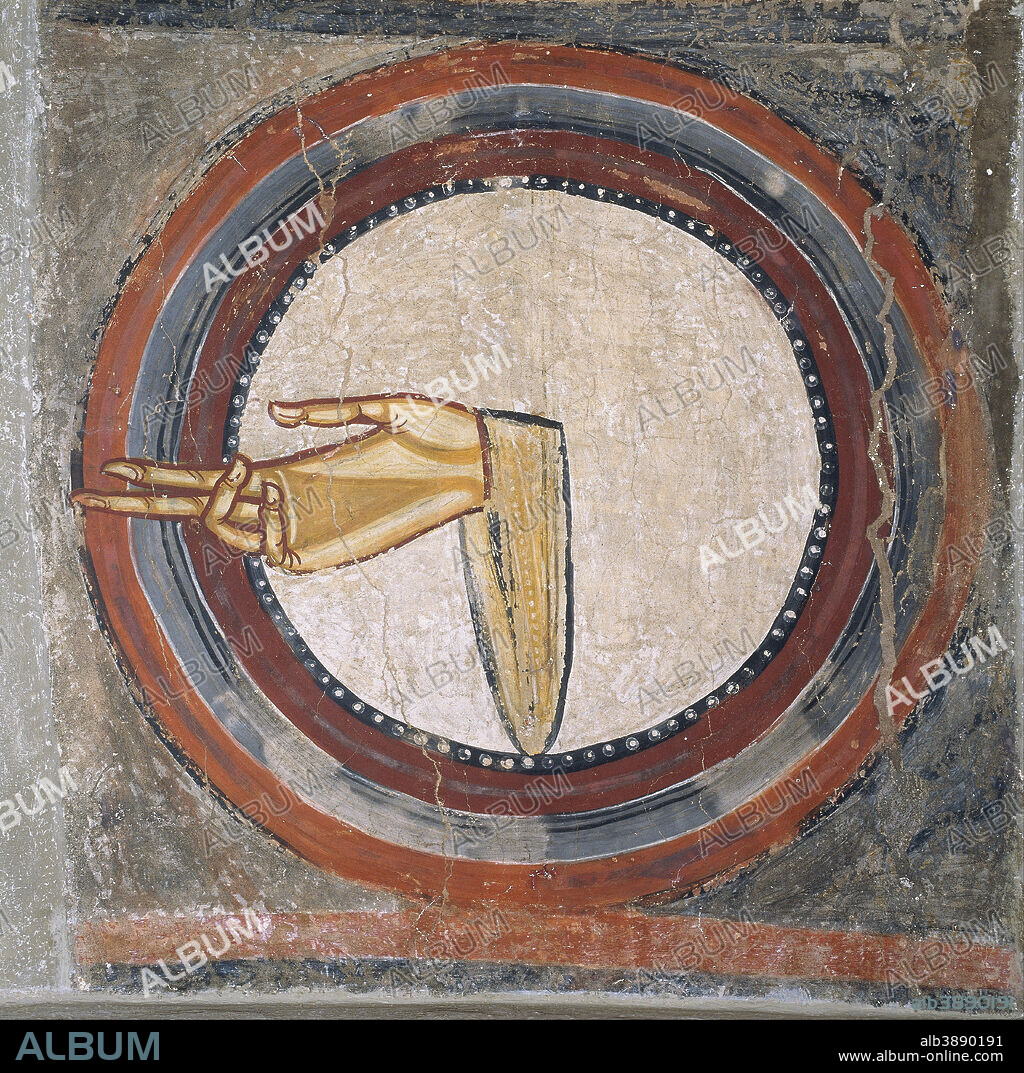 UNKNOWN. The Hand of God from Sant Climent de Taüll. Date/Period: Ca. 1123. Mural painting. Fresco transferred to canvas. Height: 950 mm (37.40 in); Width: 1,000 mm (39.37 in).