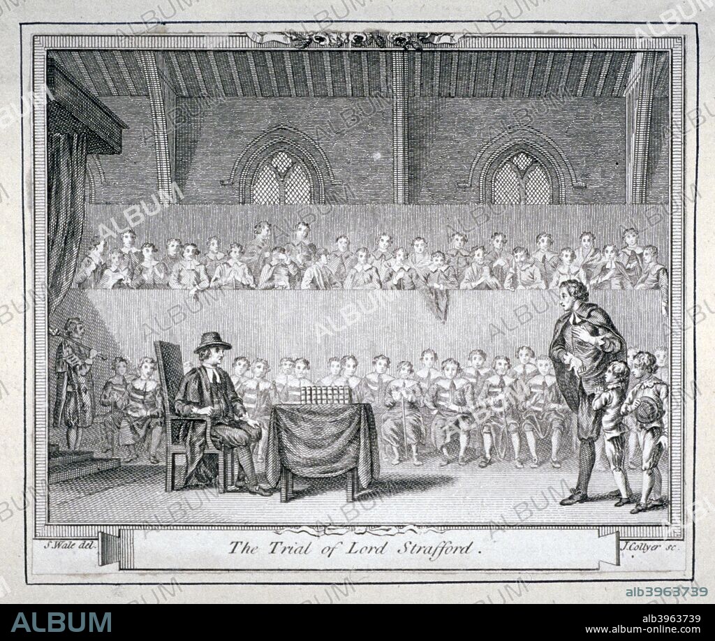 The Trial of Thomas Wentworth, Earl of Strafford, Westminster Hall, London, 1641 (c1750). Having been impeached by Parliament, Strafford was found guilty of high treason and executed at Tower Hill in 1641.