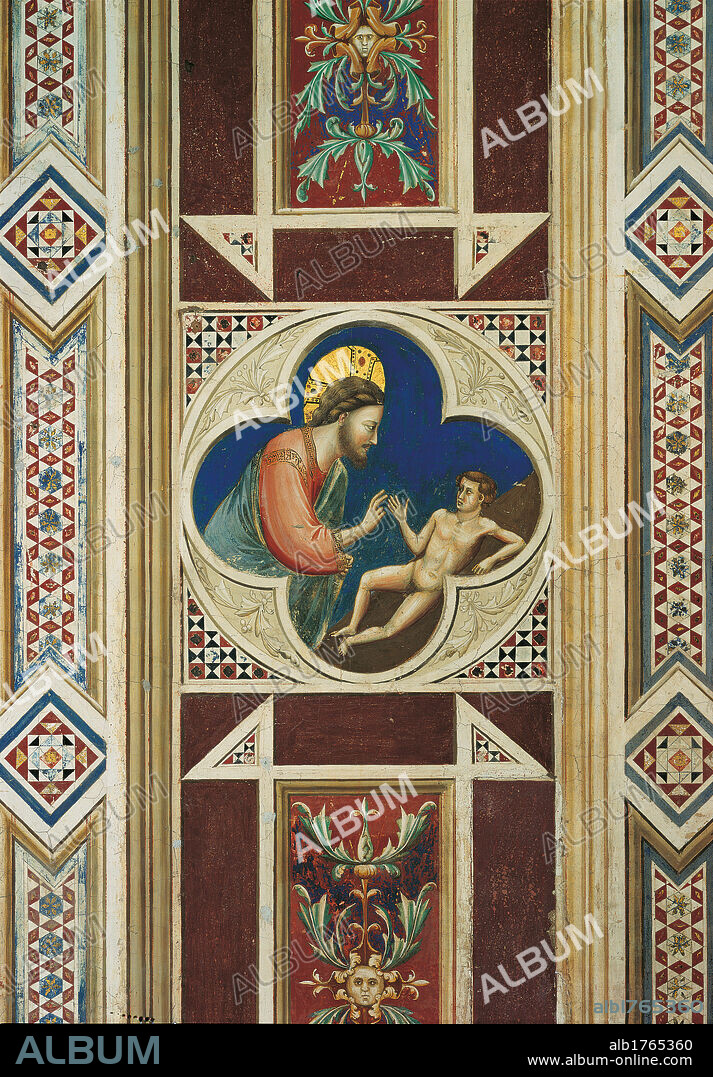 Fresco cycle in the Scrovegni Chapel, by Giotto, 1304-1306 about, 14th Century, fresco,. Italy, Veneto, Padua, Scrovegni Chapel. Ornamental decorative bands strips bands fascias the Creation of Adam in a four lobe panel with in against a blue background, decorated with geometric and phytomorphic motifs.