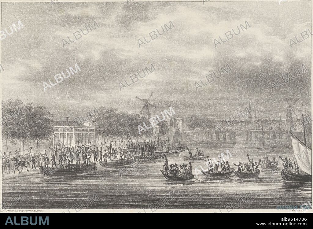 Departure of the Mobile Battalion of the Amsterdam Voluntary Militia, First Division, under the command of Major Otto Willem Falck, to Den Bosch on October 29, 1830. Embarkation in the barges on the Amstel River in front of the inn de Berebijt. On the right several small boats on the Amstel, in the distance a bridge, mills and towers of the city. With annotations by the printer, Departure of the Amsterdam volunteer militia, 1830 Departure of the Mobile Bataillon der Amsterdamsche Schuttery 1.te Afdeeling. To 's Bosch, commanded by Major O.W. Falck. (October 29th) Anno 1830 , print maker: anonymous, printer: Desguerrois & Co., (mentioned on object), publisher: Desguerrois & Co., print maker: Netherlands, printer: Amsterdam, publisher: Amsterdam, Amsterdam, 24-Dec-1830, paper, h 279 mm × w 381 mm.
