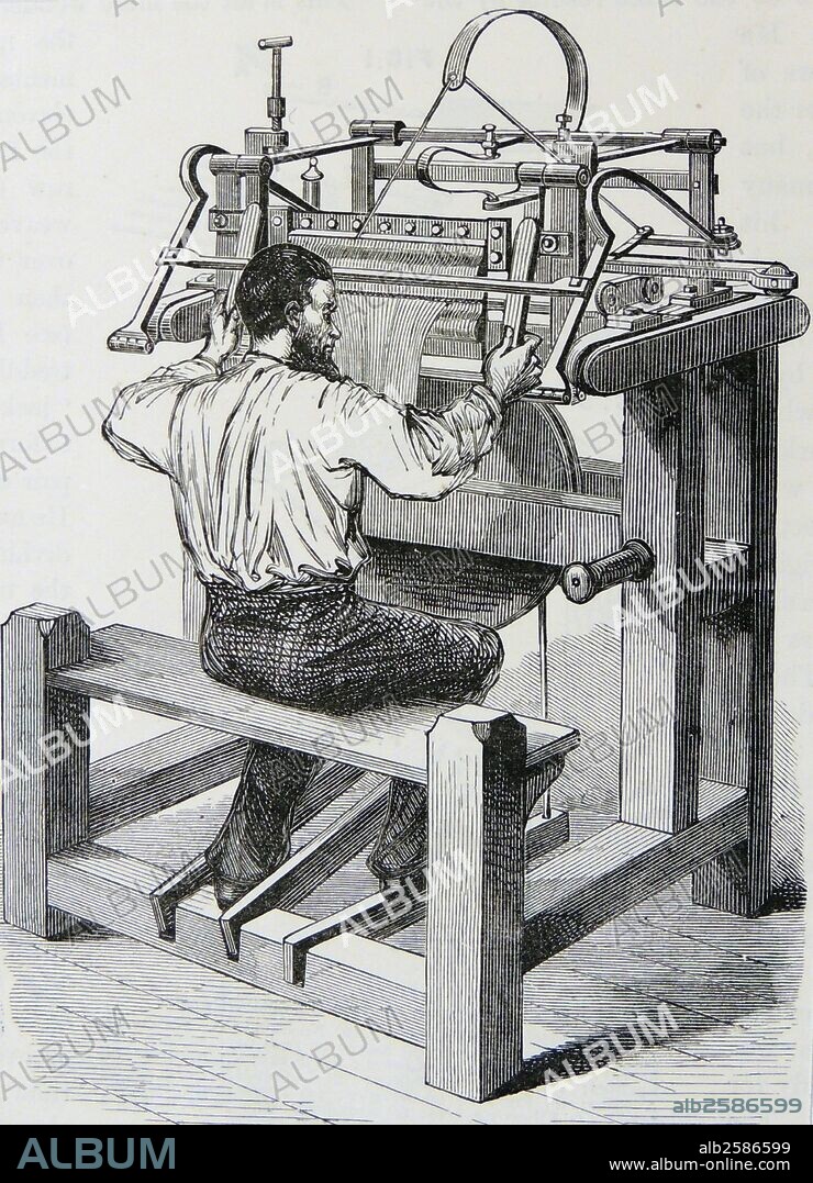 Stocking-frame weaver at work on a treadle operated machine. Engraving, London, c1880.