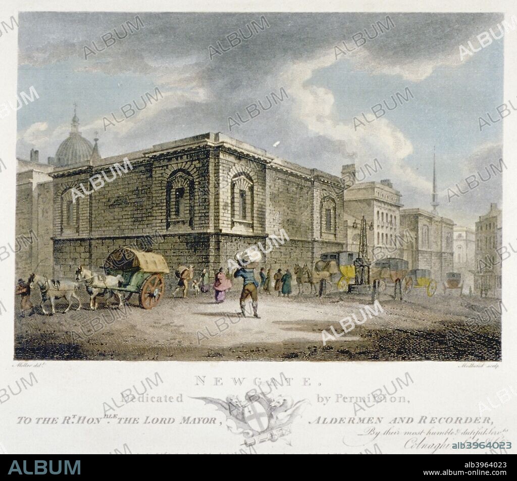 Newgate Prison, Old Bailey, City of London, 1800. View with figures and horse-drawn vehicles in front of the prison.
