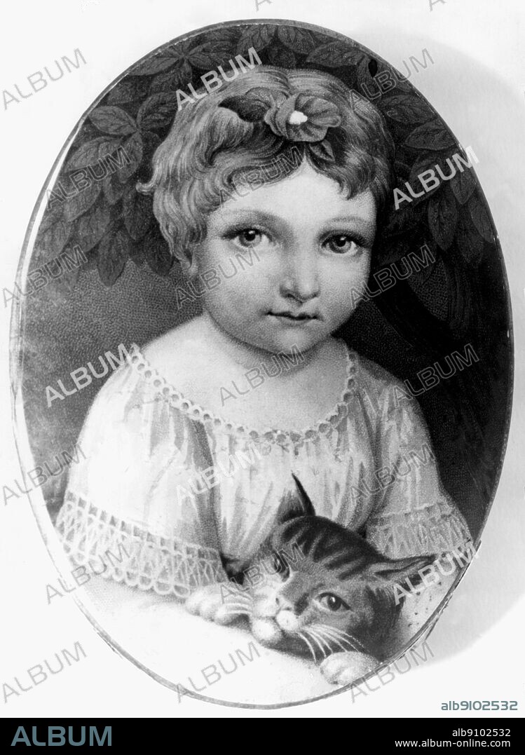 100 years of chocolate boxes - the genesis of chocolate-box art - Cadbury's dragees, 1868 - this box, dating from 1868 is the oldest in the exhibition. The illustration is an oleograph based on a painting of his young daughter by Richard Cadbury, one of the sons of John Cadbury who founded the company in the first half of the nineteenth century - 16 December 1968. ©TopFoto.