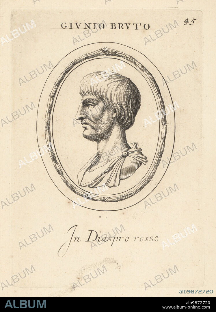 Bust profile of Junius Brutus in red jasper. Marcus Junius Brutus, 85-42 BC, Roman politician, orator and assassin of Julius Caesar. Giunio Bruto in diaspro rosso. Copperplate engraving by Giovanni Battista Galestruzzi after Leonardo Agostini from Gemmae et Sculpturae Antiquae Depicti ab Leonardo Augustino Senesi, Abraham Blooteling, Amsterdam, 1685.