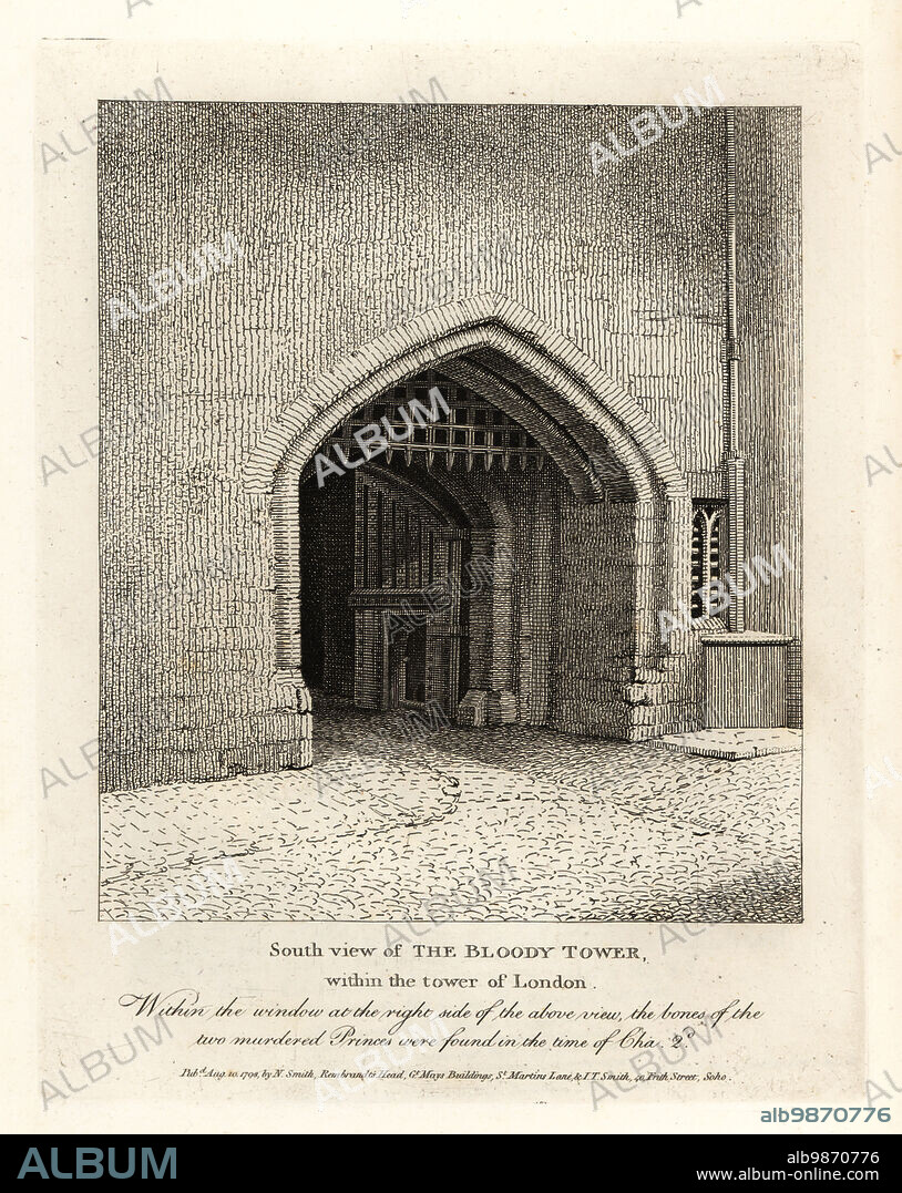 South view of the Bloody Tower within the Tower of London. Copperplate engraving by John Thomas Smith after original drawings by members of the Society of Antiquaries from his J.T. Smiths Antiquities of London and its Environs, J. Sewell, R. Folder, J. Simco, London, 1798.