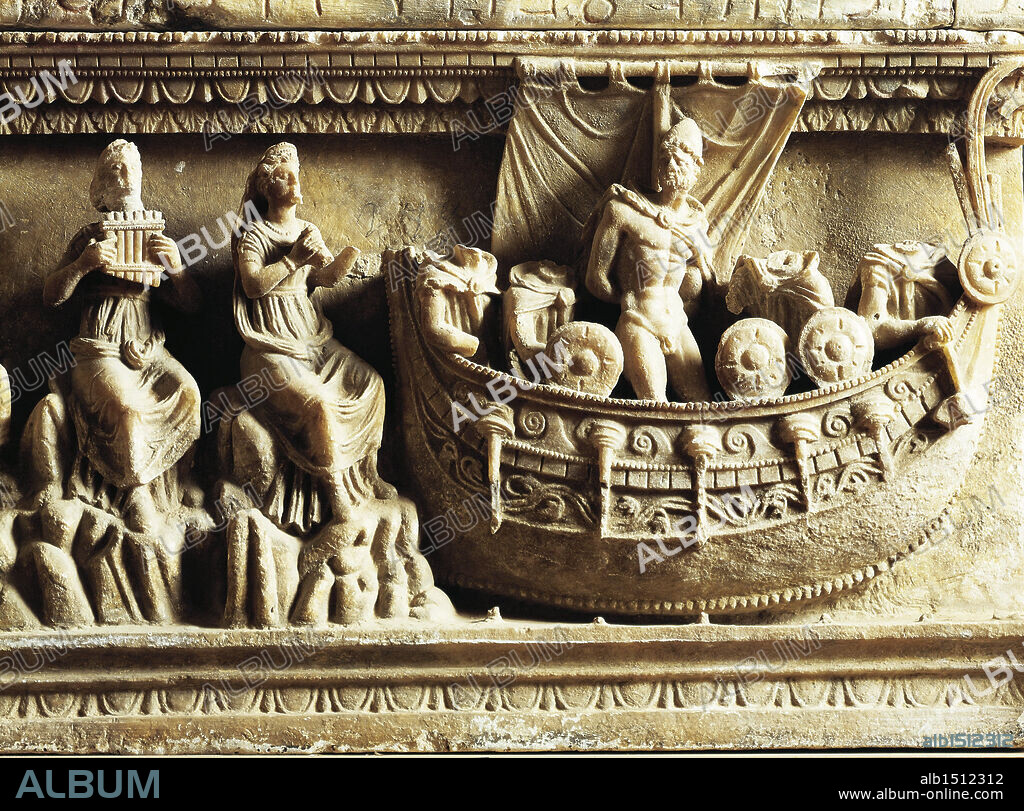 Etruscan civilization, 4th century b.C. Alabaster urn. Detail of relief depicting Ulysses and the Sirens.