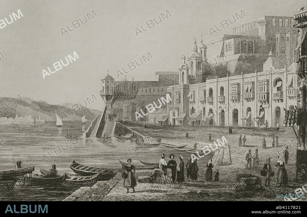 Valletta, Malta. Dock. Engraving. Lemaitre direxit. History of Malta and Gozo, by Frédéric Lacroix. Panorama Universal, Spanish edition, printed in Barcelona, 1850.