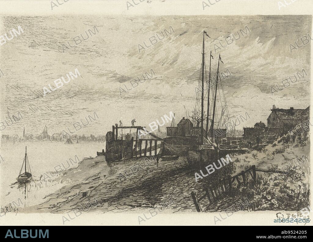 River view of the Vlaamsche Hoofd near Antwerp , print maker: Gerard Jan Bos, (signed by artist), print maker: Gerardus Johannes Bos, (rejected attribution), Antwerp, 1883, paper, etching, brush, h 152 mm × w 224 mm.