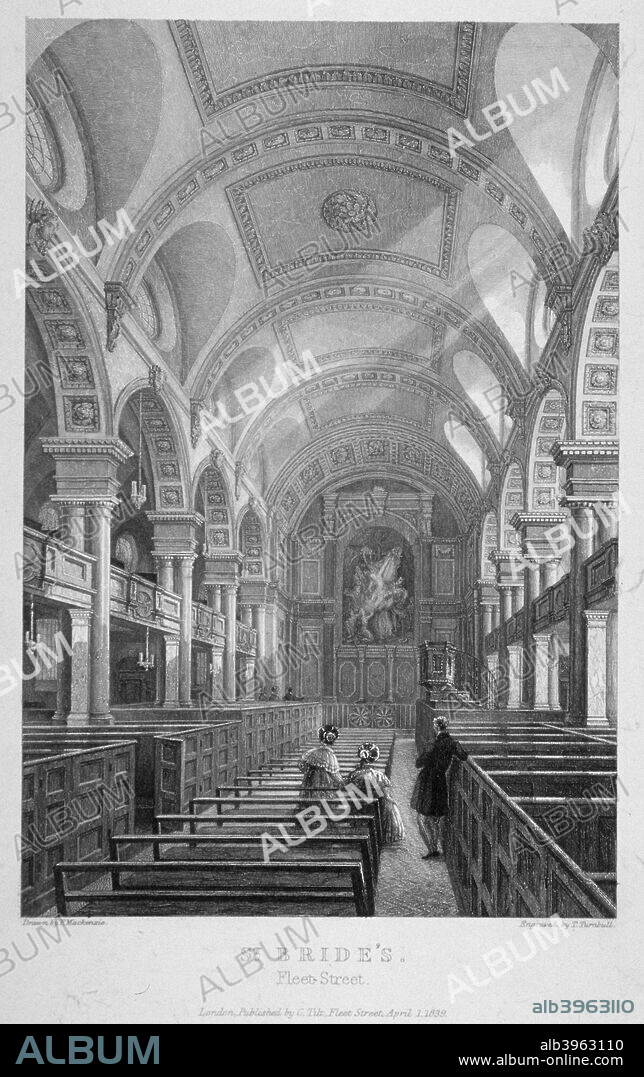 St Bride's Church, Fleet Street, City of London, 1839. Interior view with six figures looking towards the pulpit and an image of the Descent from the Cross. Built in 1672, St Bride's is one of Christopher Wren's churches built to replace those destroyed by the Great Fire of London.