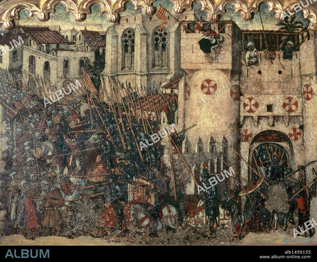 Entry of the troops of King James I of Aragon through the door of Medina Myurka on December 31, 1229. Altarpiece of St. George  by Pere Nic¸ard (ca.1470). Diocesan Museum of Majorca. Palma, Majorca. Balearic Islands. Spain.