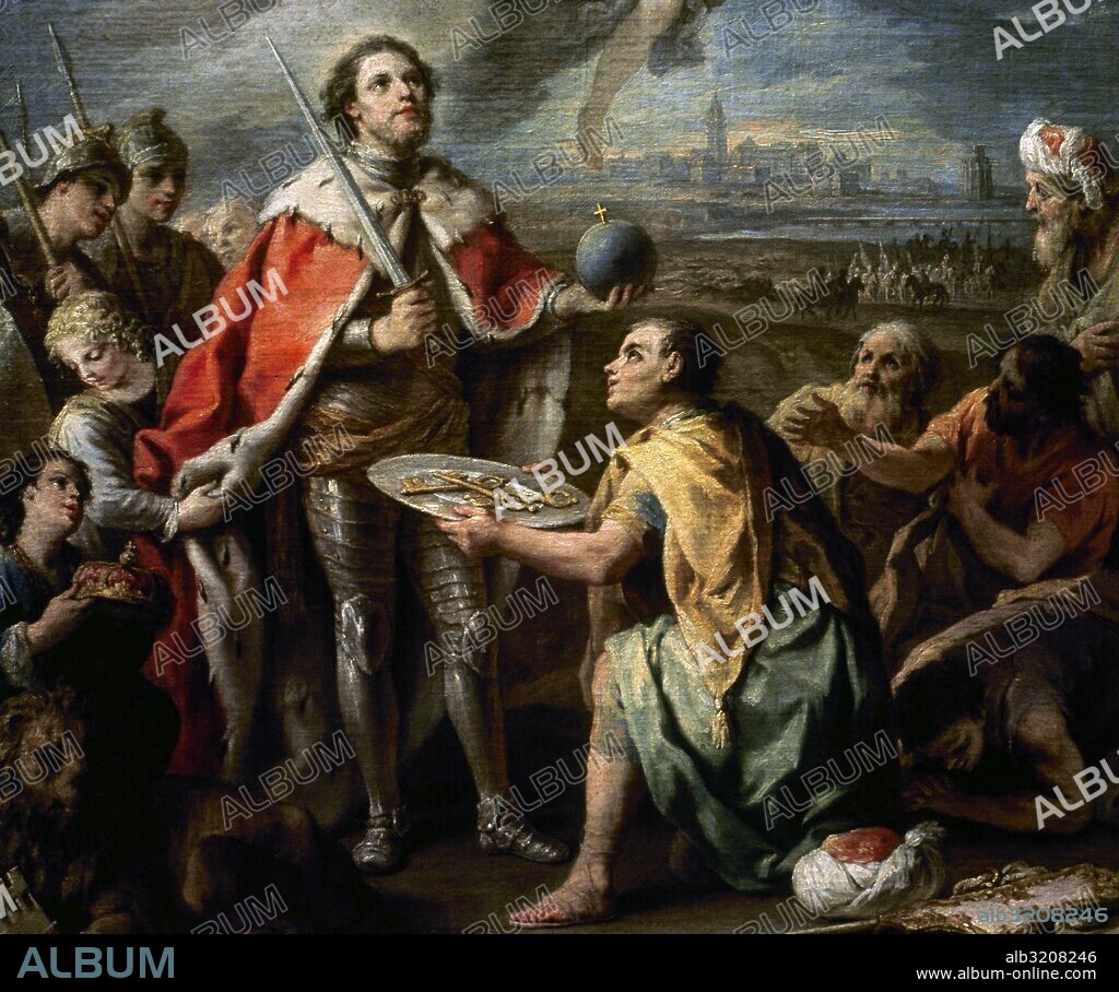 Ferdinand III of Castile(1199/1201-1252), the Saint. Reconquest. (Al-Andalus).Surrender of Seville to king Fernando III. 13th century. By Charles-Joseph Flipart (1721-1797). Prado Museum. Madrid. Spain.