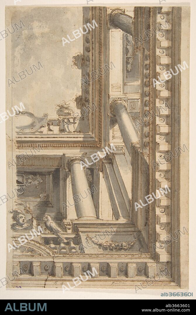 Design for a Trompe L'Oeil Ceiling with a Loggia. Artist: Faustino Trebbi (Italian, Budrio [Bologna] 1761-1836 Bologna); After Girolamo Curti detto "Dentone" (Italian, Bologna, 1570-1632). Dimensions: 11-1/4 x 7-1/4 in.  (28.6 x 18.4 cm). Date: n.d..