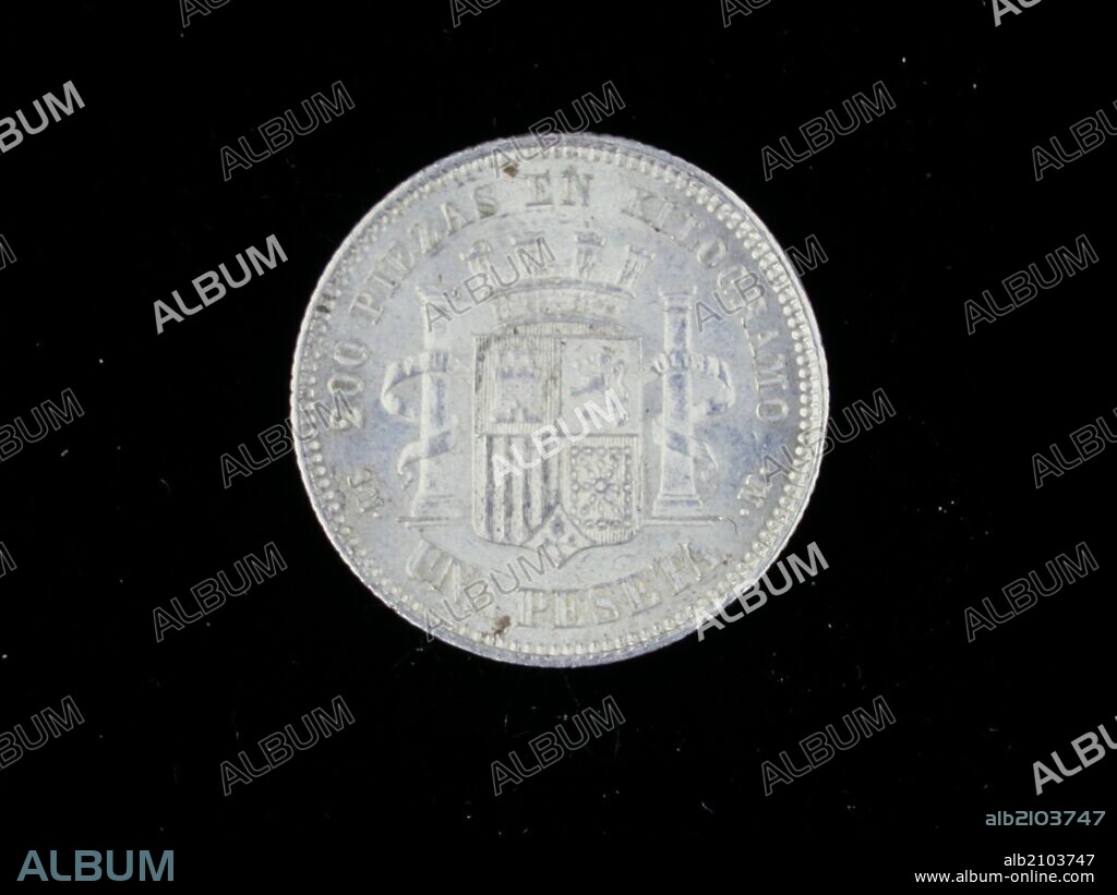 NUMISMATICA. MONEDA MODERNA. UNA PESETA DE PLATA, DEL GOBIERNO PROVISIONAL DE ESPAÑA. REVERSO. ENTRE COLUMNAS EN LAS QUE HAY ENLAZADA UNA CINTA, ESCUDO CON LAS ARMAS DE CASTILLA, LEON, NAVARRA, ARAGON Y GRANADA.1870. (DEPOSITO: M.A.N).