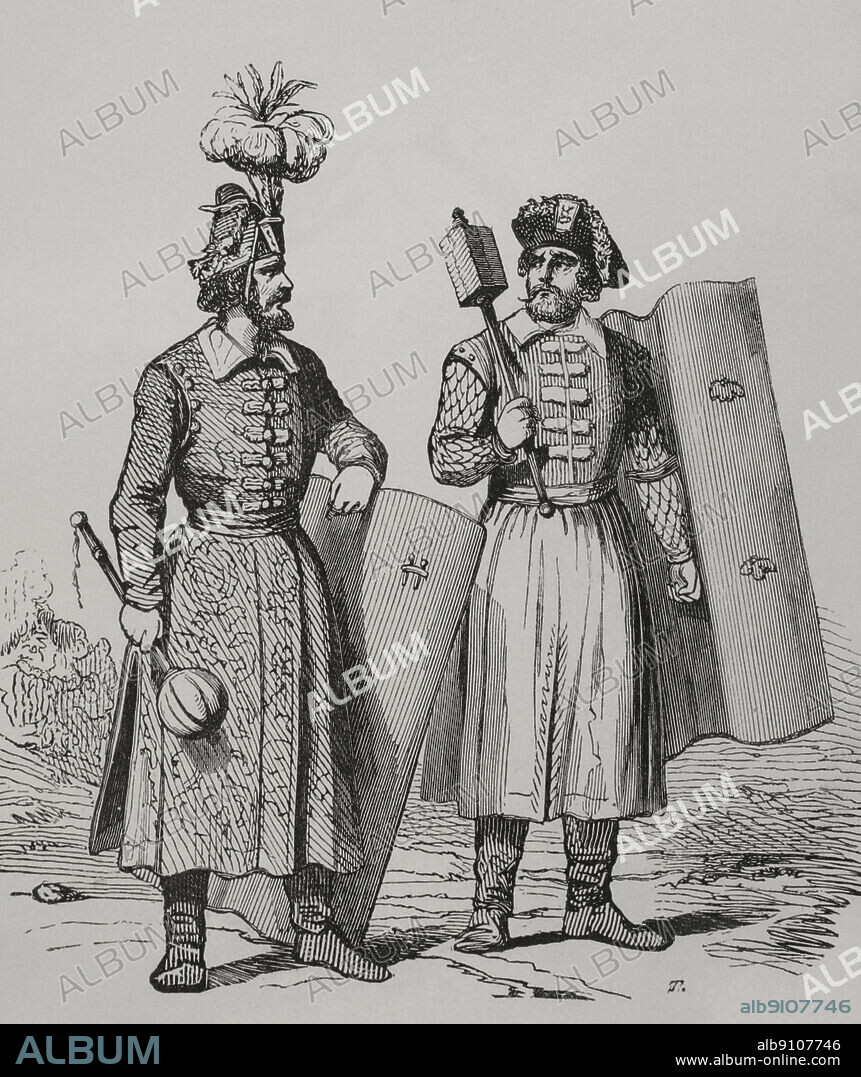 Hungría. Los antiguos magiares. Grabado. "Los Héroes y las Grandezas de la Tierra". Tomo VI. 1856.
