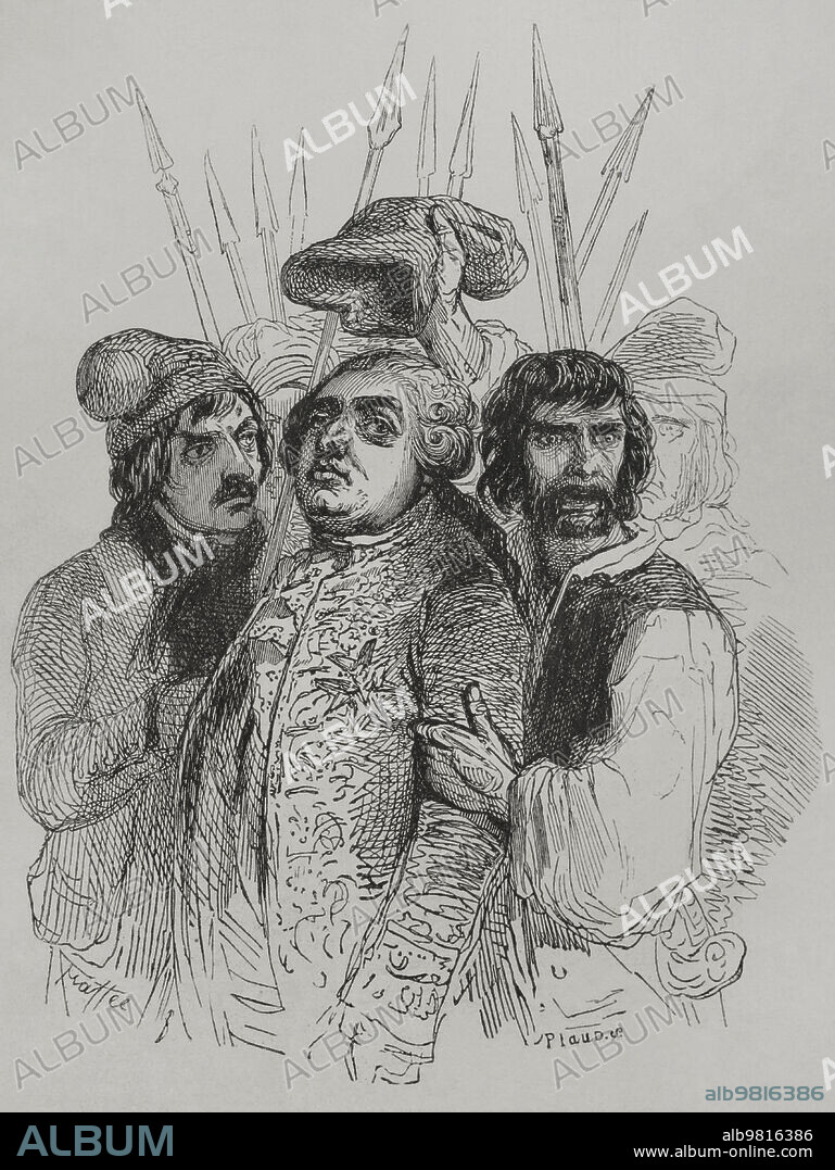 ANTOINE ALPHÉE PIAUD (1813-1867). FRENCH PRINTMAKER.. Revolución Francesa. París. Jornada del 10 de agosto de 1792. Asalto al Palacio de la Tullerías por los insurgentes para arrestar al rey Luis XVI (1774-1792) y su familia. El pueblo, representado por las secciones revolucionarias de París y los sans-culottes, en las Tullerías. Grabado por Piaud. "Los Héroes y las Grandezas de la Tierra". Tomo V. 1855.