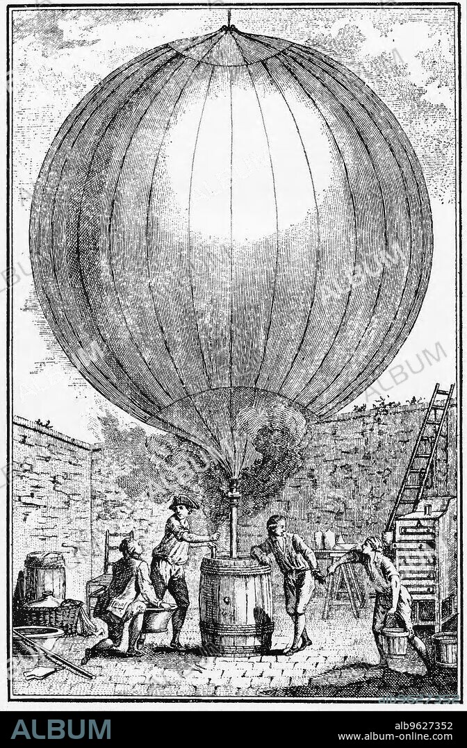 Inflation of Charles and the Robert brothers' hydrogen balloon, 1783. Jean and Noel Robert helping Jacques Charles (1746-1823) to inflate the balloon with hydrogen produced by covering a barrel of iron filings with sulphuric acid. On 1 December 1783 Charles and one of brothers made the first manned ascent in a hydrogen balloon, lifting off from the Tuileries Gardens in Paris.