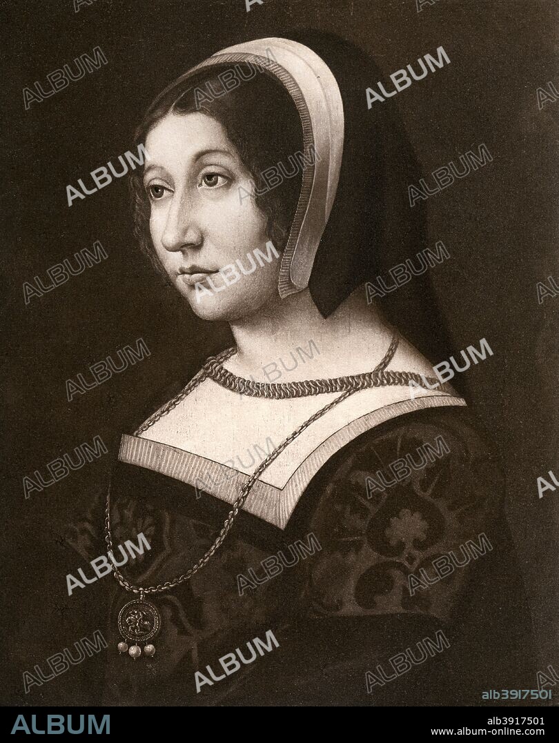Unknown woman, formerly known as Margaret Tudor, c1520, (1902). Portrait previously titled 'Margaret Tudor, Daughter of Henry VIII, Queen of Scotland'. Illustration, after a painting in the National Portrait Gallery, London, from Henry VIII, by A F Pollard, published by Goupil and Co, (London, New York, Paris, Edinburgh, 1902).