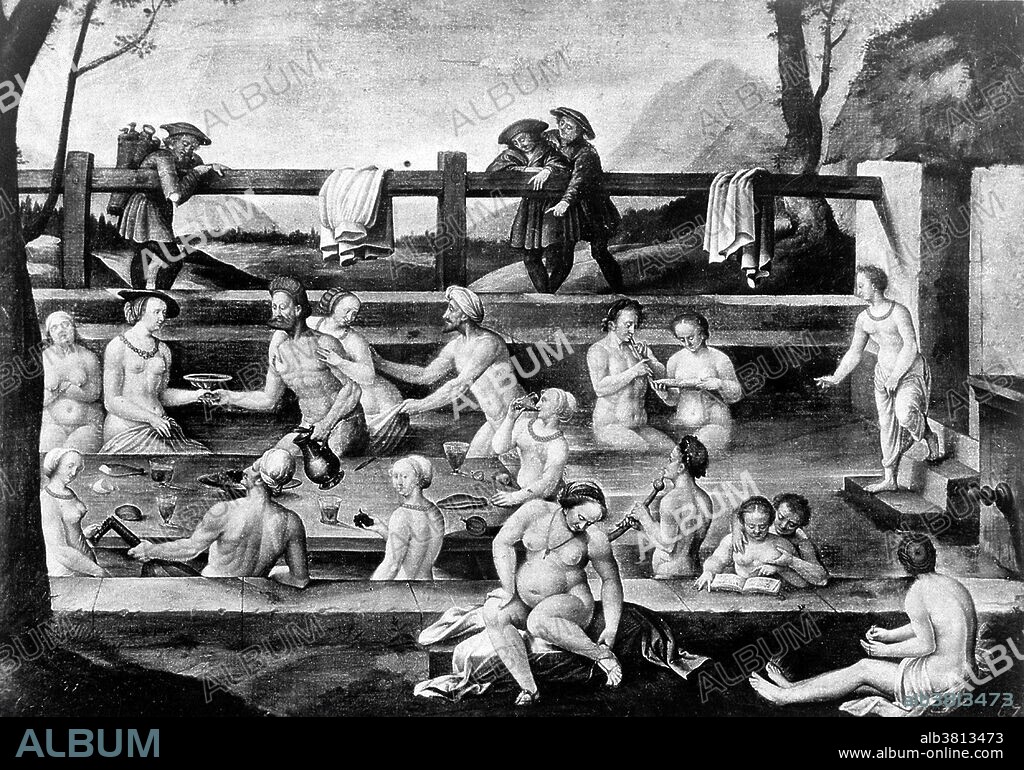 Public bath at Leuk. The history of the springs of Leukerbad dates back to Roman times. People, even then, were already aware of the therapeutic effect of the thermal water. Today, 1,000,000 gallons of thermal water - up to 124 Â°F - flow from the springs and feed 22 thermal pools. Several baths are at the disposal of guests in private hotels, in the Rehabilitation center and in the Volksheilbad, but the biggest public baths are the Leukerbad Therme (previously Burgerbad) and the Lindner Alpentherme. Balneology is the branch of medical science concerned with the therapeutic value of baths, especially those taken with natural mineral waters. Balneotherapy may involve hot or cold water, massage through moving water, relaxation or stimulation. Many mineral waters at spas are rich in particular minerals (silica, sulfur, selenium, radium) which can be absorbed through the skin. Painting by Hans Bock the Elder, 16th century.