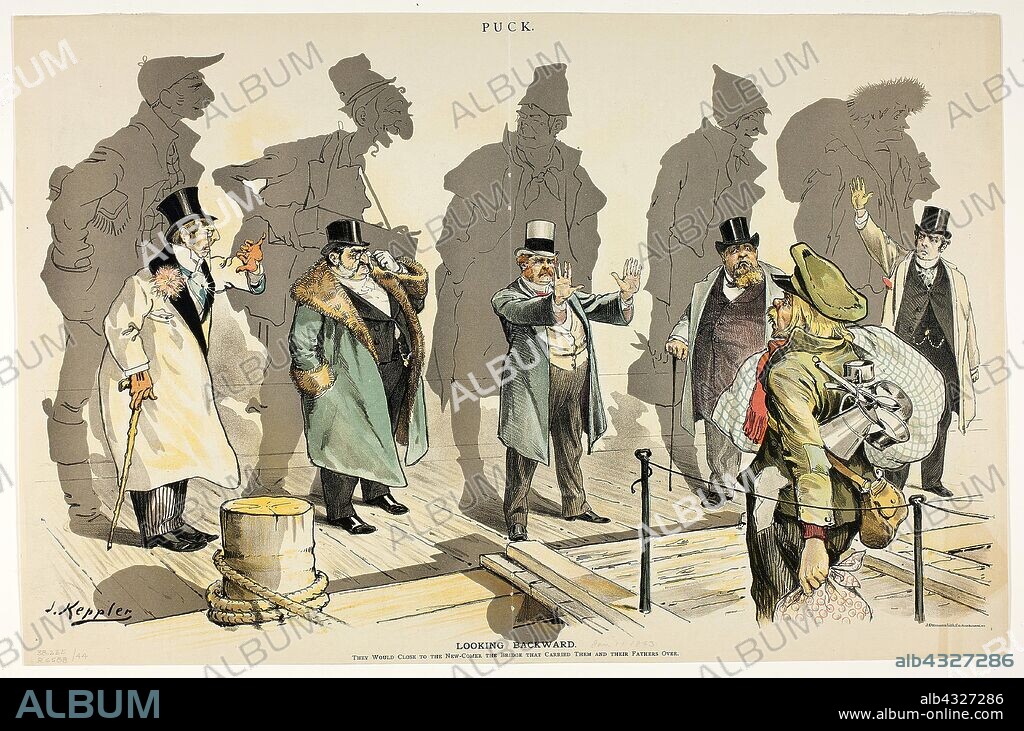 Looking Backward, from Puck, n.d., Joseph Keppler, American, 1838-1894, United States, Color lithograph on newsprint, 318 x 484 mm.