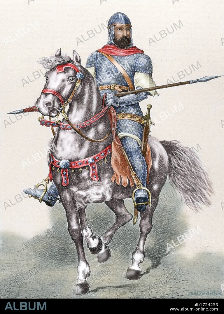 Rodrigo Diaz de Vivar (c.1043-1099), known as El Cid. Castilian nobleman, military leader and diplomat. El Cid riding Babieca. Colored engraving.