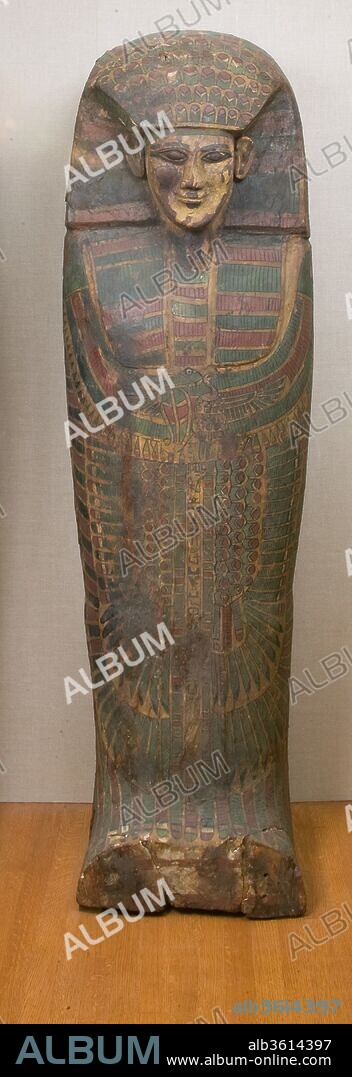 Rishi coffin. Dimensions: l. 190 cm (74 13/16 in); w. 50 cm (19 11/16 in); h. 50 cm (19 11/16 in). Dynasty: Dynasty 17. Date: ca. 1640-1550 B.C..
Rishi coffins like this one are characterized by the feather pattern painted on their lids and by their wedge-shaped faces. They are unique to Thebes in Dynasty 17 and early Dynasty 18. For other examples of this type, see 12.181.299; 30.3.4a, b-30.3.7a, b.