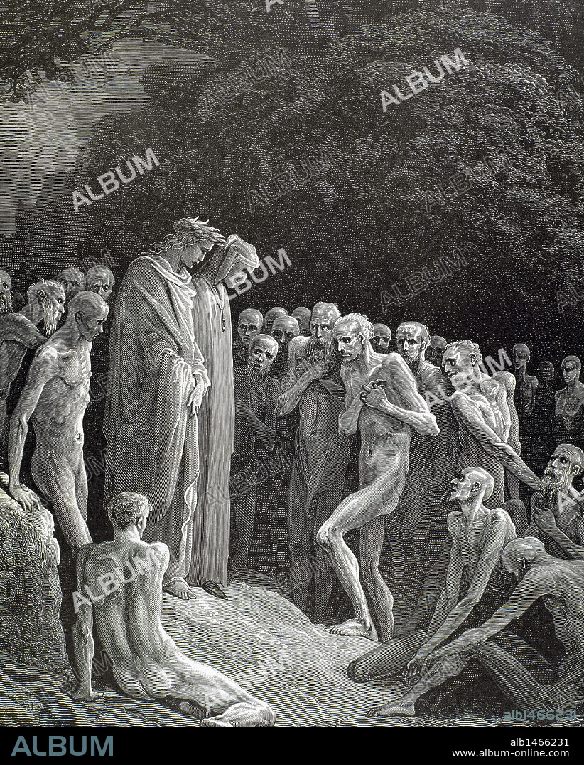 "LA DIVINA COMEDIA". Poema escrito en toscano donde se relata el viaje de su autor, DANTE ALIGHIERI, para llegar a la CONTEMPLACION DIVINA. "MOSTRABAN ADMIRACION AL SABER QUE ESTABA VIVO" (Purgatorio, c. XXIV). Grabado de Gustave DORE.