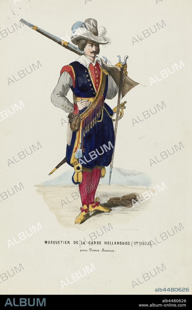 Musquetier de la Garde Hollandaise (17th Siècle). sous Prince Maurice, Man in historical costume of a musketeer of the Dutch Guard under Prince Maurice, 17th century. Added performance to the sheet metal work on the costumed ball held at the palace of the Prince of Orange (the later King William III) in The Hague on 26 February 1845, historical costume, firearms (with NAME), Elias Spanier (mentioned on object), The Hague, 1840 - 1850, paper, h 274 mm × w 180 mm.