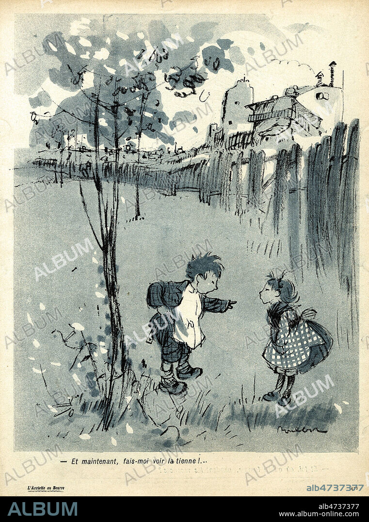 'Et maintenant, fais-moi voir la tienne !'. Illustration par POULBOT (1879-1946) pour L'Assiette au Beurre du 30 septembre 1905, numero intitule 'La graine de bois de lit'. Credit : Collection KHARBINE-TAPABOR.