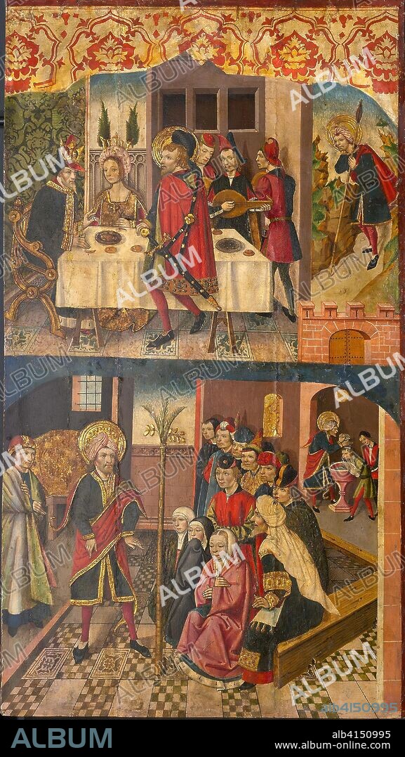 MARTIN DE SORIA. Saint Christopher Taking Leave of the King Who Feared Satan; Saint Christopher and His Converts. Martín de Soria; Spanish, active 1449-87. Date: 1450-1487. Dimensions: 154.5 x 87.4 cm (60 3/4 x 34 3/8 in.). Tempera with oil glazes on panel. Origin: Spain.