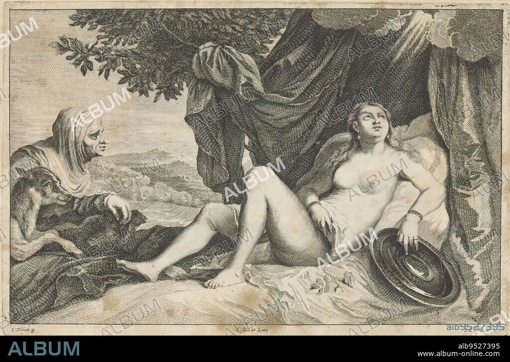 Jupiter and Danaë, Danaë lying on a bed and Jupiter descending on her from a cloud in the guise of golden light. An old woman, Danaë's servant, and a goat look on. This print is part of an album., print maker: Peter van Liesebetten, (mentioned on object), after painting by: Titiaan, (mentioned on object), publisher: David Teniers (II), print maker: Antwerp, after painting by: Italy, publisher: Brussels, 1660, paper, etching, engraving, height 202 mm × width 305 mm.
