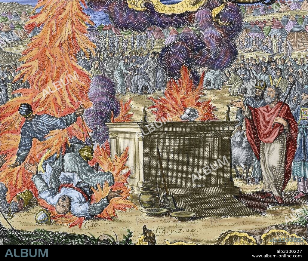 God's vengeance against the sons of Aaron, Nadab and Abihu. Leviticus, Chapter 10. Engraving. Colored.