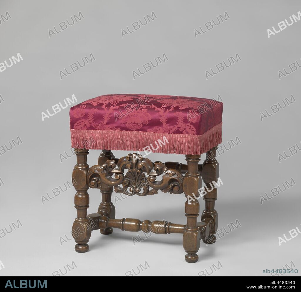 Two stools Taboeret with upholstered seat, resting on legs connected by H-shaped cross. Front line with open-worked palmet, volutes and acanthus leaf, Taburette of walnut. It is upholstered and rests on legs, which, like the H-shaped cross and the rear sport, have a house and articulation. The flat front-middle sport has an openwork palette flanked by broken S-volutes with acanthus leaf., anonymous, Northern Netherlands, c. 1680 - c. 1700, wood (plant material), walnut (hardwood), h 49.5 cm × w 44.5 cm × d 30.0 cm.