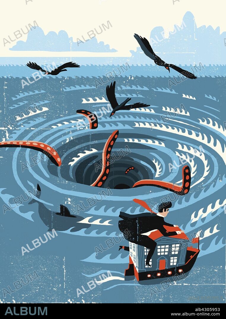 Businessman escaping whirlpool vortex on bank boat.