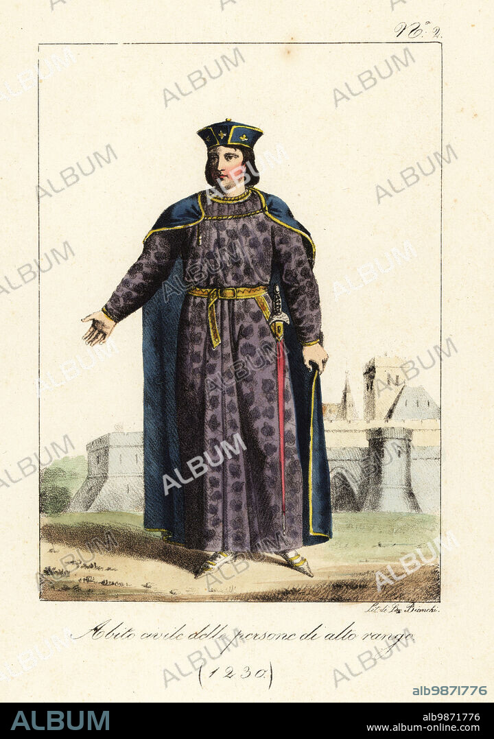 Costume of a French nobleman, 1230. In cap, mantle tied at the shoulder, long robe, belt with sword. In front of a stone castle. Handcoloured lithograph by Lorenzo Bianchi after Hippolyte Lecomte from Costumi civili e militari della monarchia francese dal 1200 al 1820, Naples, 1825. Italian edition of Lecomtes Civilian and military costumes of the French monarchy from 1200 to 1820.